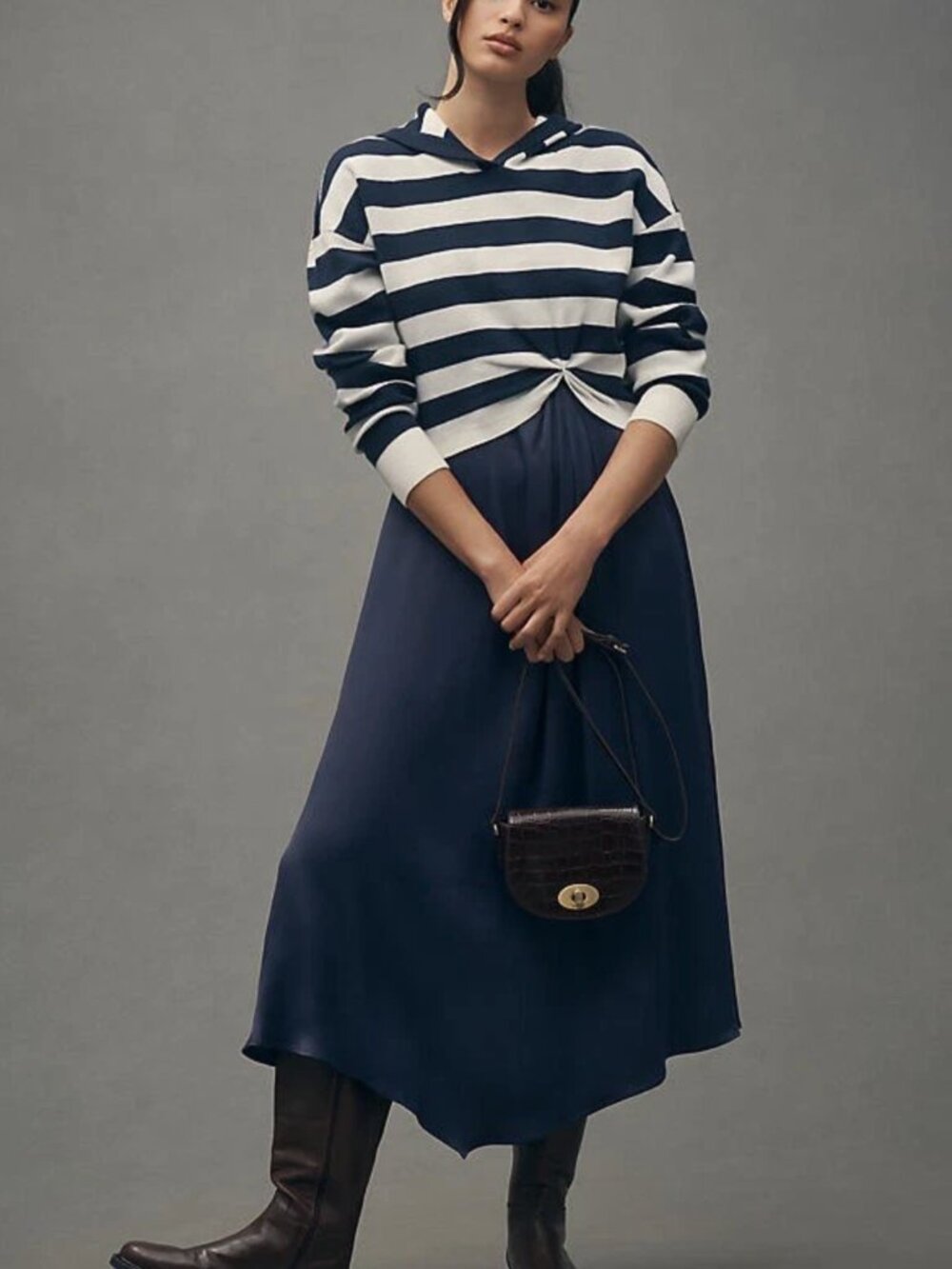 Anthropologie Gemini Twofer Sweater Dress Long-Sleeve Hooded Size Large Blue